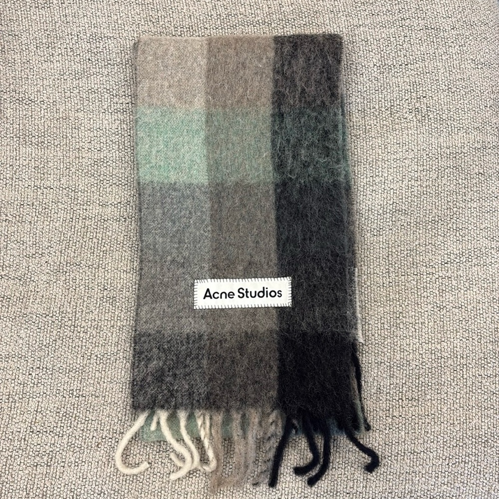 Acne Studios Mohair Check Scarf – Mint/Grey/Black